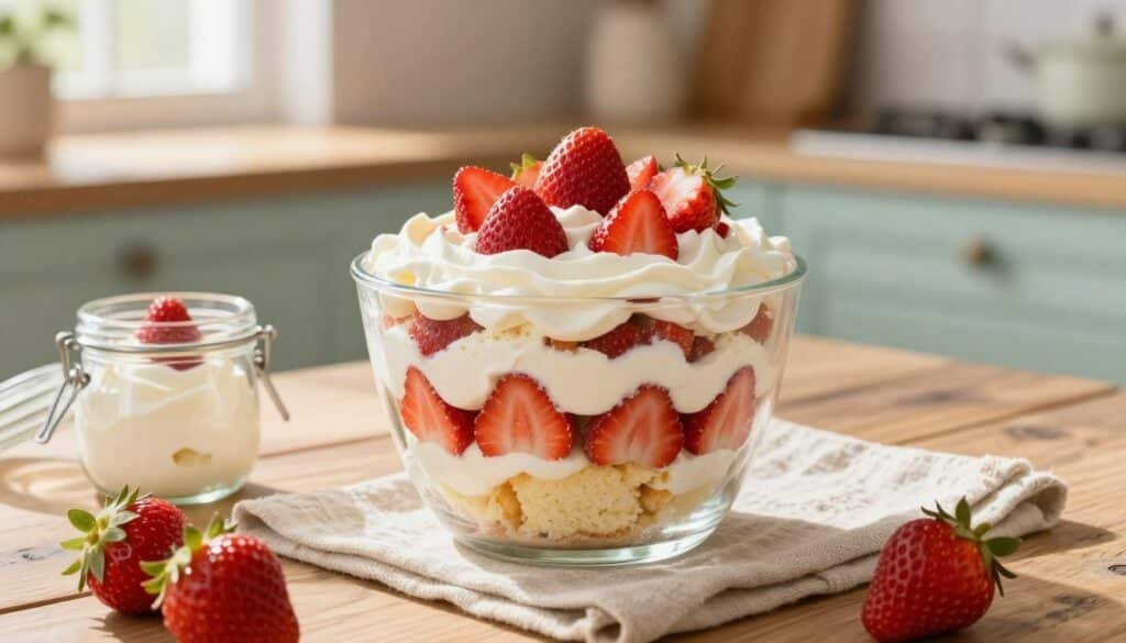 A beautifully arranged strawberry shortcake trifle stored in a clear glass bowl, showcasing vibrant layers of fresh strawberries, fluffy whipped cream, and sponge cake, all elegantly layered. The trifle is placed on a rustic wooden table, with a soft linen cloth underneath, enhancing its appeal. In the foreground, there are a couple of decorative glass jars filled with whipped cream and strawberries, hinting at its freshness. The middle ground features the trifle, brilliantly lit with warm, natural light streaming in from an adjacent window, creating gentle shadows that highlight the dessert's texture. In the background, a softly blurred kitchen setting with pastel colors evokes a cozy atmosphere, perfect for a delightful dessert. The overall mood is inviting and homey, evoking the feeling of summer gatherings and family moments. A beautifully arranged strawberry shortcake trifle stored in a clear glass bowl, showcasing vibrant layers of fresh strawberries, fluffy whipped cream, and sponge cake, all elegantly layered. The trifle is placed on a rustic wooden table, with a soft linen cloth underneath, enhancing its appeal. In the foreground, there are a couple of decorative glass jars filled with whipped cream and strawberries, hinting at its freshness. The middle ground features the trifle, brilliantly lit with warm, natural light streaming in from an adjacent window, creating gentle shadows that highlight the dessert's texture. In the background, a softly blurred kitchen setting with pastel colors evokes a cozy atmosphere, perfect for a delightful dessert. The overall mood is inviting and homey, evoking the feeling of summer gatherings and family moments.