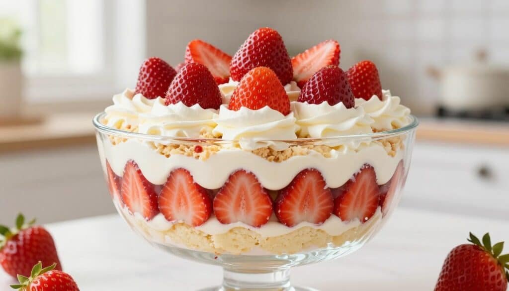 A beautifully layered strawberry shortcake trifle displayed in a large, elegant glass bowl. In the foreground, focus on the vibrant red strawberries, intricately sliced and arranged against layers of fluffy whipped cream and moist vanilla cake. The middle layer features crumbled shortcake, adding texture, while the glossy cream glistens invitingly. In the background, a softly blurred kitchen setting creates a warm and inviting atmosphere, hinting at a homey kitchen with soft natural light pouring in from a nearby window. The scene is captured with a shallow depth of field to emphasize the trifle, giving a sense of richness and indulgence, evoking a feeling of comfort and celebration perfect for a summer gathering. The composition is bright and cheerful, showcasing the freshness and appeal of the dessert. A beautifully layered strawberry shortcake trifle displayed in a large, elegant glass bowl. In the foreground, focus on the vibrant red strawberries, intricately sliced and arranged against layers of fluffy whipped cream and moist vanilla cake. The middle layer features crumbled shortcake, adding texture, while the glossy cream glistens invitingly. In the background, a softly blurred kitchen setting creates a warm and inviting atmosphere, hinting at a homey kitchen with soft natural light pouring in from a nearby window. The scene is captured with a shallow depth of field to emphasize the trifle, giving a sense of richness and indulgence, evoking a feeling of comfort and celebration perfect for a summer gathering. The composition is bright and cheerful, showcasing the freshness and appeal of the dessert.