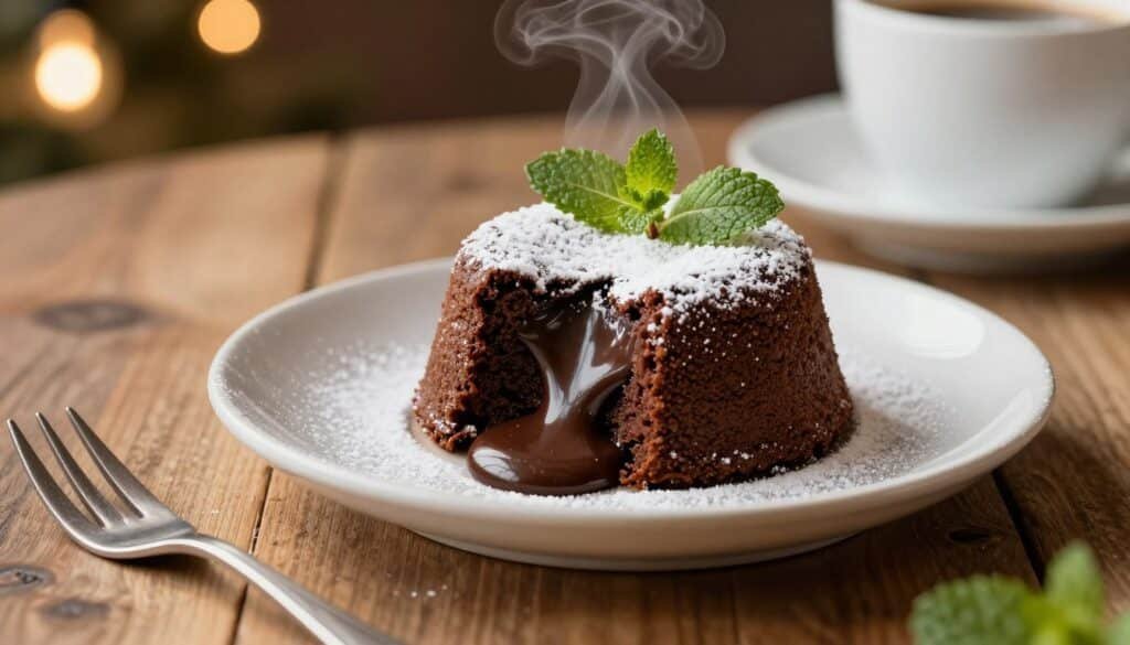 A beautifully plated chocolate lava cake, oozing rich molten chocolate at the center, surrounded by a delicate dusting of powdered sugar. The cake is nestled on a rustic wooden table, with a small fork elegantly poised beside it. In the background, soft-focus hints of warm, ambient lighting create a cozy atmosphere, reminiscent of a charming café. The surface of the table has subtle textures, enhancing the homey feel. The scene is captured from a slightly elevated angle, emphasizing the lusciousness of the cake and the inviting steam rising from its warm center. This mouthwatering dessert is skillfully styled with a sprig of mint on top, adding a pop of color, while a blurred view of a delightful cup of coffee can be seen in the background. The overall mood is warm and inviting, perfect for evoking the comfort of indulging in a rich dessert. A beautifully plated chocolate lava cake, oozing rich molten chocolate at the center, surrounded by a delicate dusting of powdered sugar. The cake is nestled on a rustic wooden table, with a small fork elegantly poised beside it. In the background, soft-focus hints of warm, ambient lighting create a cozy atmosphere, reminiscent of a charming café. The surface of the table has subtle textures, enhancing the homey feel. The scene is captured from a slightly elevated angle, emphasizing the lusciousness of the cake and the inviting steam rising from its warm center. This mouthwatering dessert is skillfully styled with a sprig of mint on top, adding a pop of color, while a blurred view of a delightful cup of coffee can be seen in the background. The overall mood is warm and inviting, perfect for evoking the comfort of indulging in a rich dessert.
