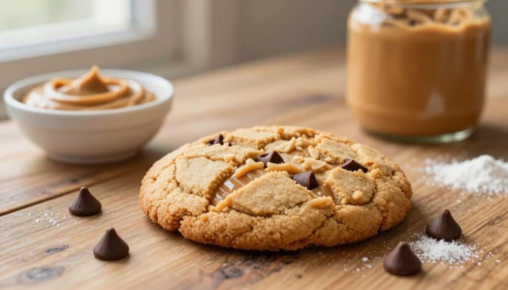 A beautifully plated peanut butter cookie, fresh out of the oven, with a golden-brown exterior and crisscross fork markings on top. The cookie sits on a rustic wooden table, surrounded by a small bowl of creamy peanut butter and a jar of crunchy peanut butter in the background. Slightly melted chocolate chips are artfully scattered around, adding a touch of indulgence. Soft, natural lighting cascades from a nearby window, creating a warm and inviting atmosphere. The angle captures the cookie in a close-up view, highlighting its irresistible texture and mouthwatering appeal. A few scattered baking ingredients, like flour and sugar, hint at the quick and easy preparation. The overall mood is cozy and homey, perfect for inspiring readers to create their own batch of delicious cookies. A beautifully plated peanut butter cookie, fresh out of the oven, with a golden-brown exterior and crisscross fork markings on top. The cookie sits on a rustic wooden table, surrounded by a small bowl of creamy peanut butter and a jar of crunchy peanut butter in the background. Slightly melted chocolate chips are artfully scattered around, adding a touch of indulgence. Soft, natural lighting cascades from a nearby window, creating a warm and inviting atmosphere. The angle captures the cookie in a close-up view, highlighting its irresistible texture and mouthwatering appeal. A few scattered baking ingredients, like flour and sugar, hint at the quick and easy preparation. The overall mood is cozy and homey, perfect for inspiring readers to create their own batch of delicious cookies.