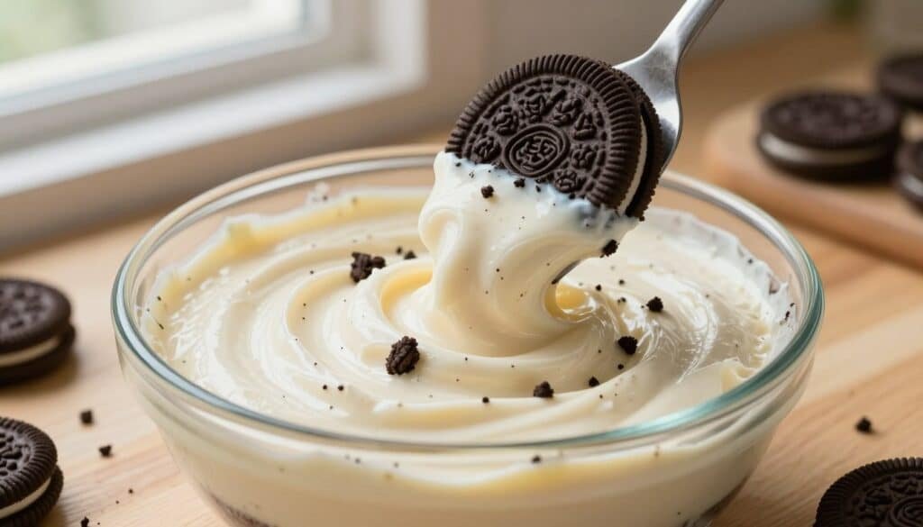 A close-up shot of a creamy Oreo cheesecake filling in a rustic glass bowl, showcasing its rich, velvety texture and specks of crushed Oreo cookies. The filling is being gently swirled with a small spatula, emphasizing its smoothness and creaminess. Soft, diffused natural light filters in from a nearby window, casting a warm glow that highlights the rich black and white contrast of the filling. The background features a blurred wooden kitchen countertop adorned with scattered Oreo cookie crumbs and a few whole cookies for added texture. The overall atmosphere exudes warmth and indulgence, inviting viewers to savor the deliciousness of this no-bake dessert. A close-up shot of a creamy Oreo cheesecake filling in a rustic glass bowl, showcasing its rich, velvety texture and specks of crushed Oreo cookies. The filling is being gently swirled with a small spatula, emphasizing its smoothness and creaminess. Soft, diffused natural light filters in from a nearby window, casting a warm glow that highlights the rich black and white contrast of the filling. The background features a blurred wooden kitchen countertop adorned with scattered Oreo cookie crumbs and a few whole cookies for added texture. The overall atmosphere exudes warmth and indulgence, inviting viewers to savor the deliciousness of this no-bake dessert.