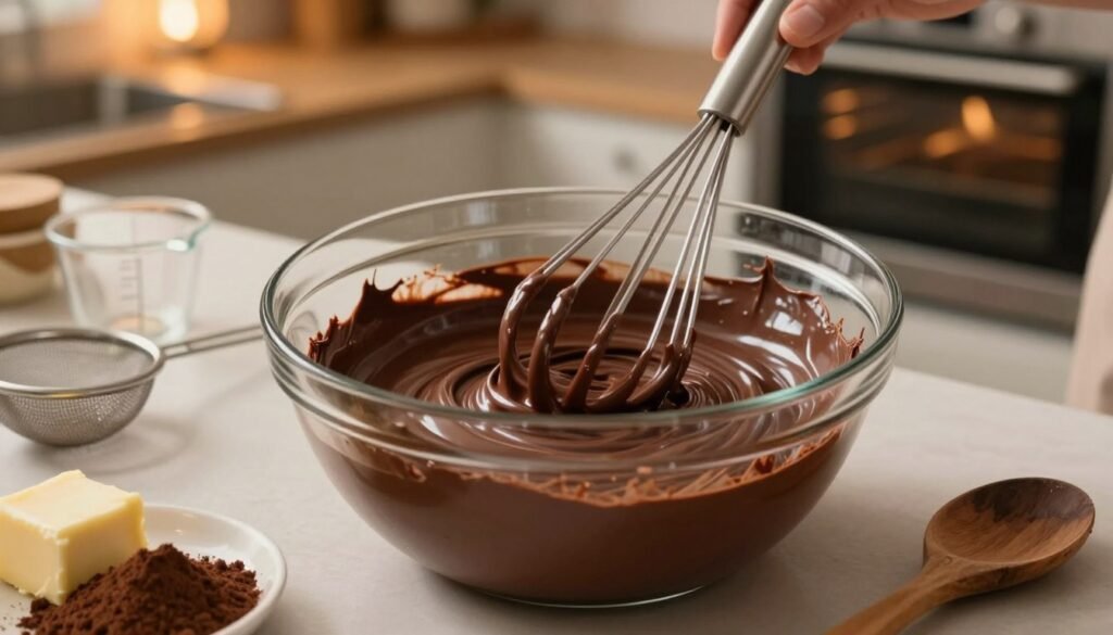 A close-up view of a glass mixing bowl filled with rich, dark chocolate batter, with smooth, glossy chocolate glistening in the light. A stainless steel whisk is in motion, creating a whirl of creamy chocolate as it stirs. The foreground features ingredients such as cocoa powder and butter, along with a rustic wooden spoon lying beside the bowl. The middle ground showcases a cozy kitchen countertop adorned with baking tools like measuring cups and a sifter. In the background, warm kitchen lighting casts a soft golden glow, hinting at a slightly blurred view of an oven preheating in the distance. The atmosphere feels inviting and deliciously indulgent, perfect for a baking adventure. A close-up view of a glass mixing bowl filled with rich, dark chocolate batter, with smooth, glossy chocolate glistening in the light. A stainless steel whisk is in motion, creating a whirl of creamy chocolate as it stirs. The foreground features ingredients such as cocoa powder and butter, along with a rustic wooden spoon lying beside the bowl. The middle ground showcases a cozy kitchen countertop adorned with baking tools like measuring cups and a sifter. In the background, warm kitchen lighting casts a soft golden glow, hinting at a slightly blurred view of an oven preheating in the distance. The atmosphere feels inviting and deliciously indulgent, perfect for a baking adventure.
