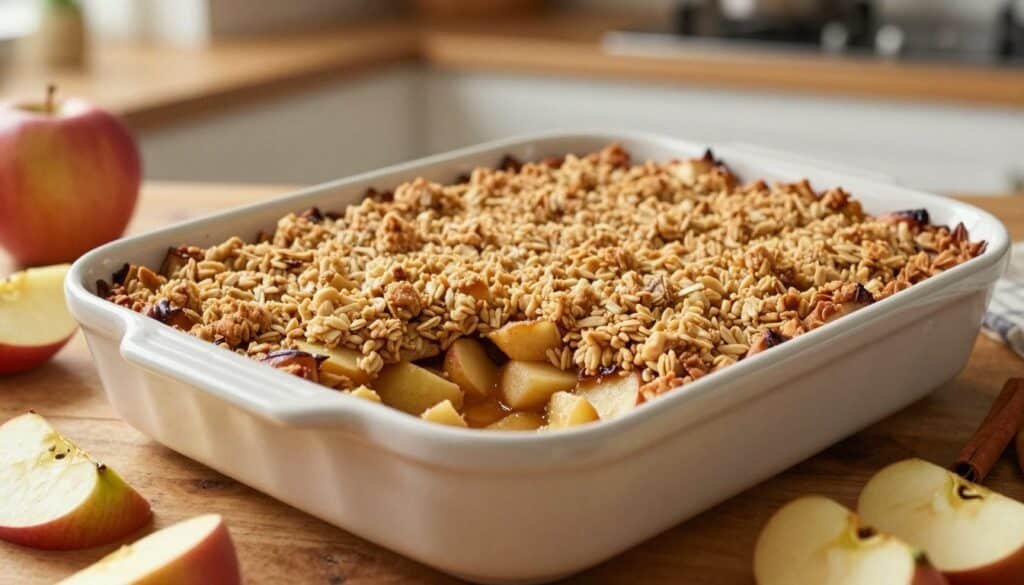 A cozy baking dish filled with freshly made apple crisp, showcasing golden-brown baked oats and crumbled topping resting atop a layer of spiced, tender apple slices. The dish is placed on a rustic wooden countertop, surrounded by scattered apple slices and cinnamon sticks, with a warm, inviting kitchen in the background bathed in soft, natural light. The focus is on the dish in the foreground, capturing the texture of the crisp topping and the juicy apples. The image is taken from a slightly elevated angle to highlight the layers of the dish, evoking a sense of warmth and comfort, perfect for a fall evening. The atmosphere is homey and inviting, promoting the essence of homemade desserts. A cozy baking dish filled with freshly made apple crisp, showcasing golden-brown baked oats and crumbled topping resting atop a layer of spiced, tender apple slices. The dish is placed on a rustic wooden countertop, surrounded by scattered apple slices and cinnamon sticks, with a warm, inviting kitchen in the background bathed in soft, natural light. The focus is on the dish in the foreground, capturing the texture of the crisp topping and the juicy apples. The image is taken from a slightly elevated angle to highlight the layers of the dish, evoking a sense of warmth and comfort, perfect for a fall evening. The atmosphere is homey and inviting, promoting the essence of homemade desserts.