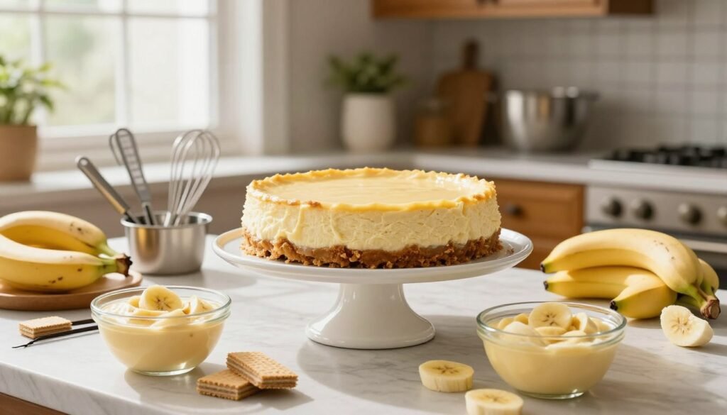 A cozy kitchen scene featuring a beautifully arranged banana pudding cheesecake on an elegant cake stand, surrounded by fresh bananas, vanilla wafers, and a rich, smooth banana pudding in glass bowls. In the foreground, soft natural light filters through a nearby window, illuminating the cheesecake's creamy layers and the golden crust. In the middle ground, a neatly organized array of baking tools like a whisk, measuring cups, and a mixing bowl adds a touch of authenticity. In the background, warm wooden cabinets and subtle greenery create a welcoming atmosphere. The overall mood is inviting and homely, perfect for a Southern-inspired dessert display, emphasizing the tips for achieving the ultimate banana pudding cheesecake success. Focus on depth of field to draw attention to the cheesecake in sharp detail while softly blurring the background. A cozy kitchen scene featuring a beautifully arranged banana pudding cheesecake on an elegant cake stand, surrounded by fresh bananas, vanilla wafers, and a rich, smooth banana pudding in glass bowls. In the foreground, soft natural light filters through a nearby window, illuminating the cheesecake's creamy layers and the golden crust. In the middle ground, a neatly organized array of baking tools like a whisk, measuring cups, and a mixing bowl adds a touch of authenticity. In the background, warm wooden cabinets and subtle greenery create a welcoming atmosphere. The overall mood is inviting and homely, perfect for a Southern-inspired dessert display, emphasizing the tips for achieving the ultimate banana pudding cheesecake success. Focus on depth of field to draw attention to the cheesecake in sharp detail while softly blurring the background.
