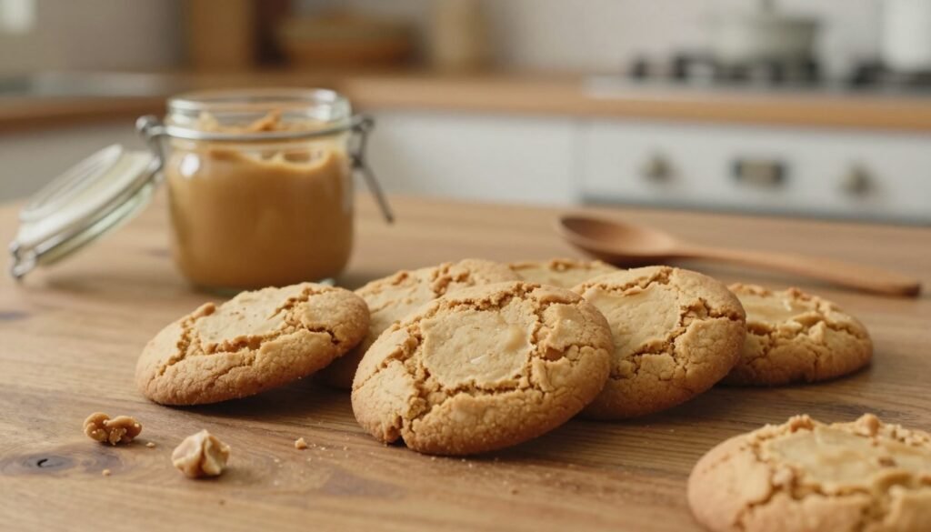 A cozy kitchen scene featuring a plate of soft chewy peanut butter cookies, freshly baked and slightly warm, arranged artfully on a rustic wooden table. The cookies have a golden-brown hue with a lightly cracked surface, showcasing their pillowy texture. In the foreground, a few crumbs are scattered around to add a homely touch. In the middle ground, a small glass jar filled with creamy peanut butter is open, with a wooden spoon resting beside it. The background features a softly blurred kitchen environment with warm, natural lighting that highlights the inviting atmosphere, creating a sense of comfort and nostalgia. The angle captures the cookies at eye level, making them the focal point, evoking a feeling of warmth and sweetness perfect for a delightful dessert. A cozy kitchen scene featuring a plate of soft chewy peanut butter cookies, freshly baked and slightly warm, arranged artfully on a rustic wooden table. The cookies have a golden-brown hue with a lightly cracked surface, showcasing their pillowy texture. In the foreground, a few crumbs are scattered around to add a homely touch. In the middle ground, a small glass jar filled with creamy peanut butter is open, with a wooden spoon resting beside it. The background features a softly blurred kitchen environment with warm, natural lighting that highlights the inviting atmosphere, creating a sense of comfort and nostalgia. The angle captures the cookies at eye level, making them the focal point, evoking a feeling of warmth and sweetness perfect for a delightful dessert.
