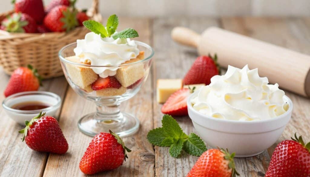 Fresh, vibrant strawberries scattered on a rustic wooden countertop, surrounded by ingredients for a strawberry shortcake trifle. In the foreground, there are plump, juicy strawberries, their red skin glistening with droplets of water. Next to them, a bowl of fluffy whipped cream sits invitingly, along with layers of sponge cake cut into cubes, a small dish of vanilla extract, and a sprinkle of fresh mint leaves for garnish. The middle section includes a glass trifle dish, waiting to be filled, catching streams of soft, natural light that create an inviting, warm atmosphere. In the background, out of focus, are more strawberries in a wicker basket, and a rolling pin, hinting at the preparation process. The overall mood is fresh, inviting, and deliciously appealing, embodying the essence of a delightful summer dessert. Fresh, vibrant strawberries scattered on a rustic wooden countertop, surrounded by ingredients for a strawberry shortcake trifle. In the foreground, there are plump, juicy strawberries, their red skin glistening with droplets of water. Next to them, a bowl of fluffy whipped cream sits invitingly, along with layers of sponge cake cut into cubes, a small dish of vanilla extract, and a sprinkle of fresh mint leaves for garnish. The middle section includes a glass trifle dish, waiting to be filled, catching streams of soft, natural light that create an inviting, warm atmosphere. In the background, out of focus, are more strawberries in a wicker basket, and a rolling pin, hinting at the preparation process. The overall mood is fresh, inviting, and deliciously appealing, embodying the essence of a delightful summer dessert.