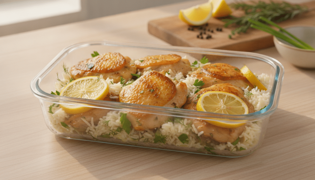 lemon chicken and rice stored in a container lemon chicken and rice stored in a container