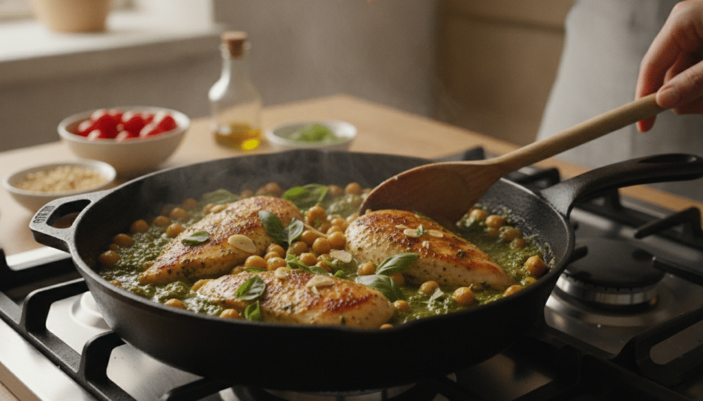 pesto chicken cooking in a skillet pesto chicken cooking in a skillet